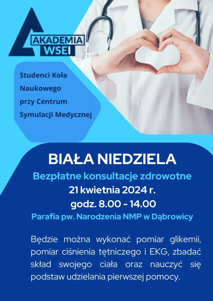 Biała Niedziela 2024 Bezpłatne konsultacje zdrowotne plakat Parafia Narodzenia NMP w Dąbrowicy Parafia Dąbrowica