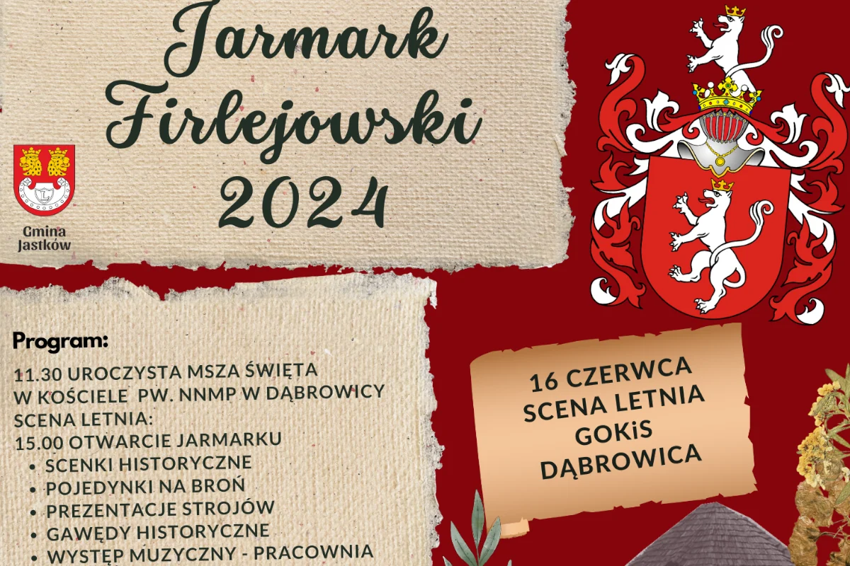 Jarmark Firlejowski 2024 Gminny Ośrodek Kultury i Sportu GOKiS w Dąbrowicy Parafia Narodzenia NMP w Dąbrowicy Parafia Dąbrowica plakat grafika