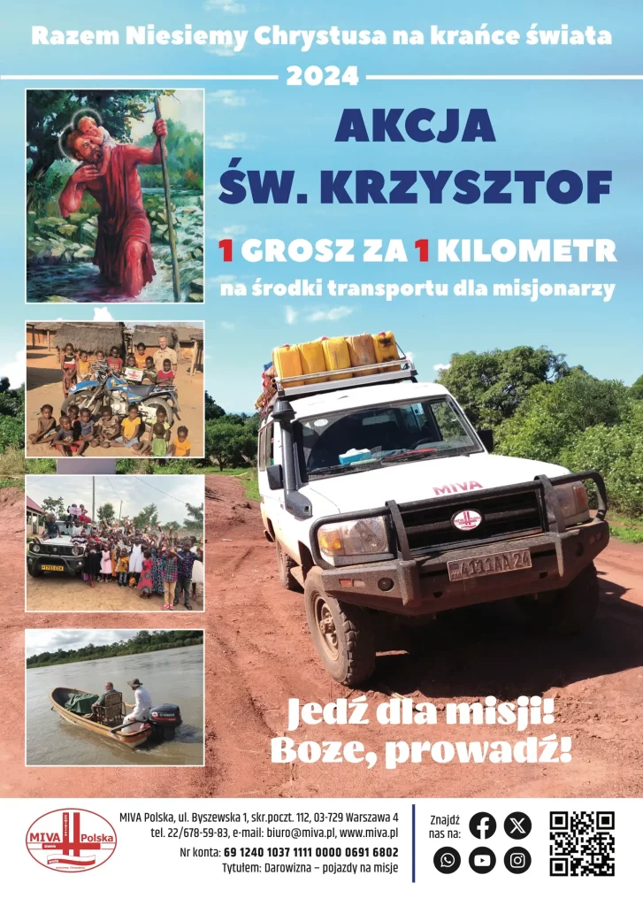 pomoc misjonarzom misyjna Akcja św. Krzysztof 2024 Parafia Narodzenia NMP w Dąbrowicy Parafia Dąbrowica plakat