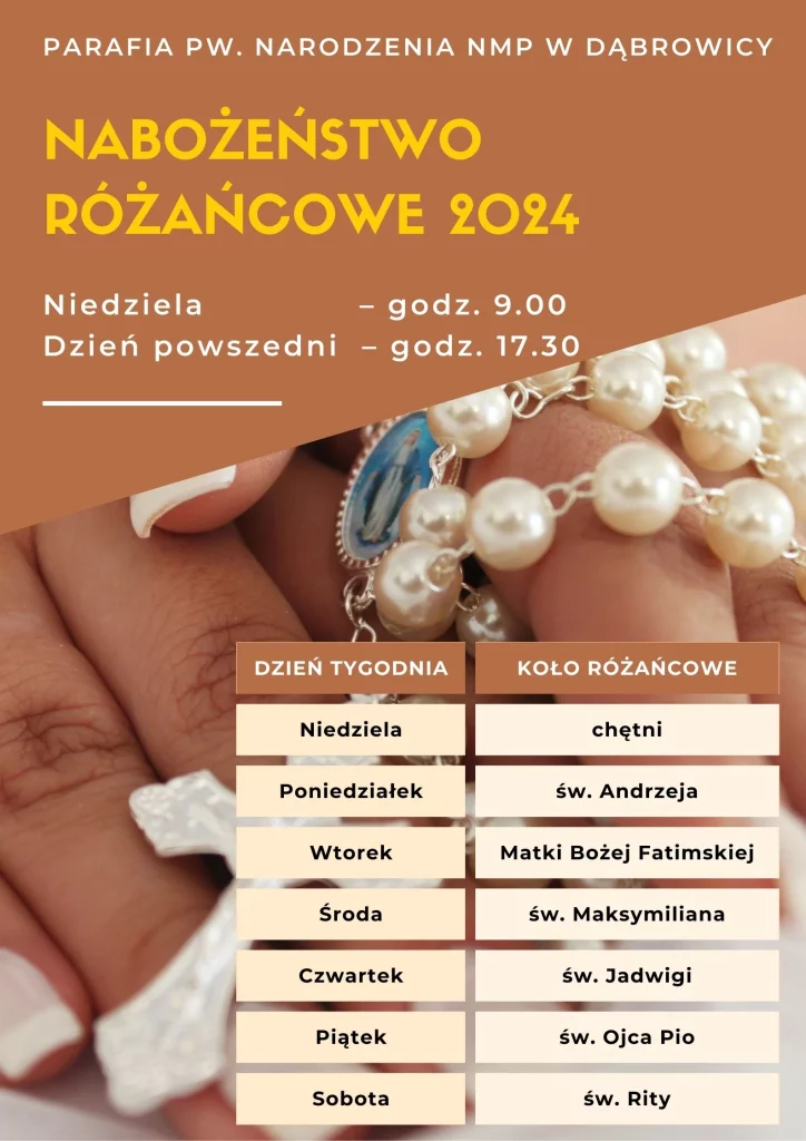 Nabożeństwa Różańcowe 2024 plakat Różaniec Parafia Narodzenia NMP w Dąbrowicy Parafia Dąbrowica