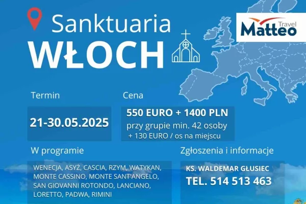 Pielgrzymka do Rzymu Sanktuaria Włoch Ksiądz Waldemar Głusiec plakat Parafia Narodzenia NMP w Dąbrowicy Parafia Dąbrowica grafika