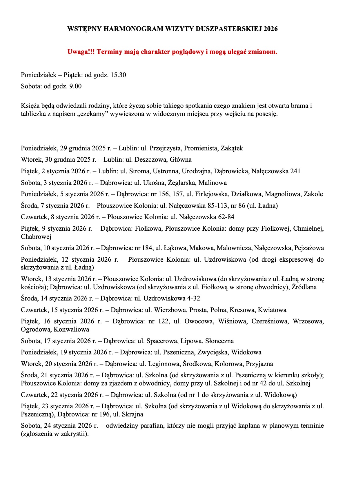 WSTĘPNY HARMONOGRAM WIZYTY DUSZPASTERSKIEJ 2026